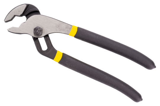 Groove Joint Pliers. White isolated background. Hand held tool for working men. Plastic and metal hardware metallic black handle. Equipment for tool box for house. Yellow black and metal color Pliers