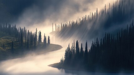 Obraz premium Misty sunrise over a river winding through a coniferous forest.