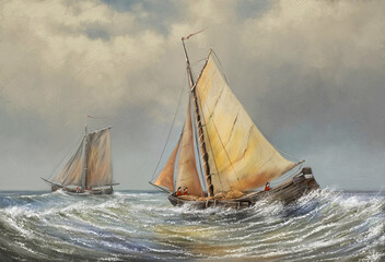 Fototapeta premium Sailing old ship in the sea, fishing boats, seascape oil paintings, fine art
