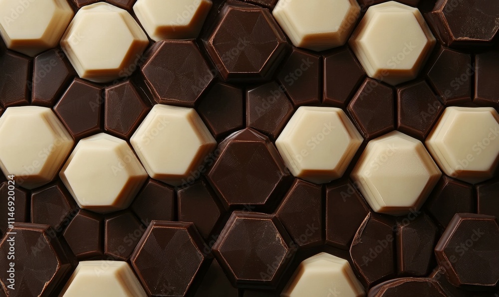 Poster floating hexagonal prisms arranged symmetrically in chocolate and mocha tones, with soft lighting ef