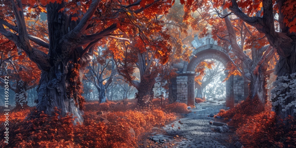 Poster a mystical forest scene with a stone archway and vibrant autumn leaves, creating an enchanting and m