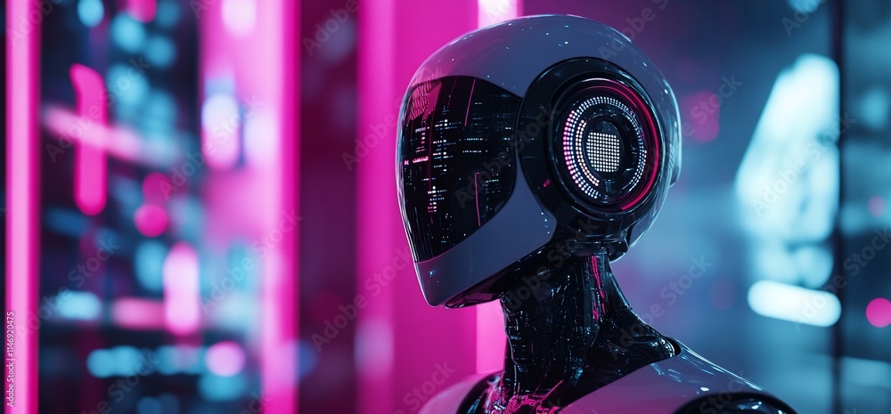 Poster futuristic robot head with neon lighting in a high-tech environment.