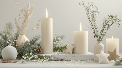 Serene Christmas Decor: Candles, Greenery, and Stars