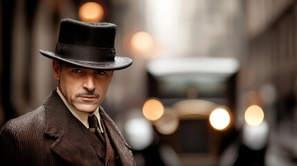 A man in a suit and hat standing in front of a car