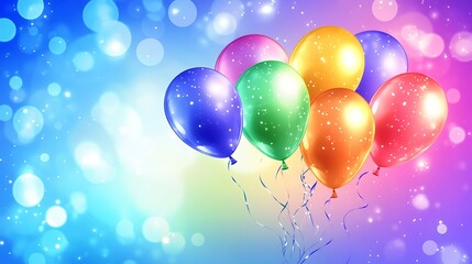 Bright pastel background with glossy bunch of balloons and empty text space