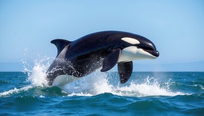 Obraz premium A majestic orca leaps out of the ocean, creating a splash against a clear blue sky. The image captures the power and grace of this marine mammal, highlighting its striking black and white coloration