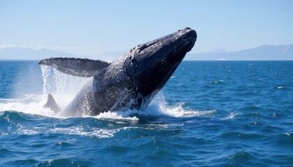 Fototapeta premium A humpback whale breaches the ocean surface, creating a dramatic splash. The background features a clear blue sky and distant mountains, highlighting the whale's impressive size and power