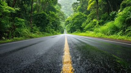 Fototapeta premium Serene Journey Through Lush Green Forest: A Scenic Drive on a Rainy Day
