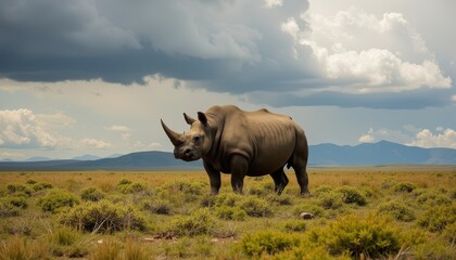 Obraz premium A rhinoceros stands in an open grassy plain with mountains in the background under a cloudy sky, showcasing the majestic wildlife and natural beauty of the savanna