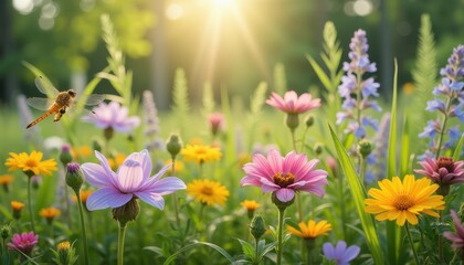 Fototapeta premium A dragonfly hovers over a vibrant garden filled with various colorful flowers, including pink, yellow, and purple blooms, under the warm sunlight