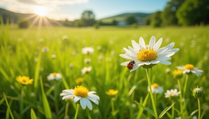 A ladybug sits on a white daisy in a sunlit meadow with green grass and other daisies. The background shows a blurred landscape with hills and trees, creating a serene and picturesque scene
