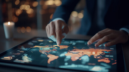 A global financial insights session, where blurred hands hover over a semi-transparent tablet with colorful digital feedback. A professional in a business suit in the background is