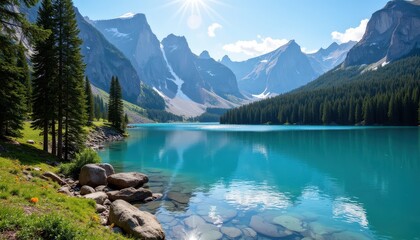 A serene turquoise lake surrounded by lush pine trees and majestic snow-capped mountains under a bright sun. The clear water reflects the stunning landscape, creating a picturesque and tranquil scene