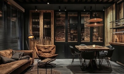 Industrial Style Office Interior with Dark Walnut Wood and Black Metallic Elements.