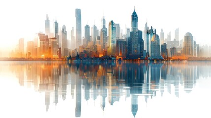 Fototapeta premium Cityscape Reflection: A Stunning Panorama of Modern Architecture at Dawn