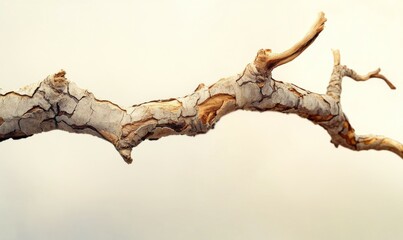 Naklejka premium Isolated tree branch with intricate bark detail, fading softly into a blurred backdrop. .