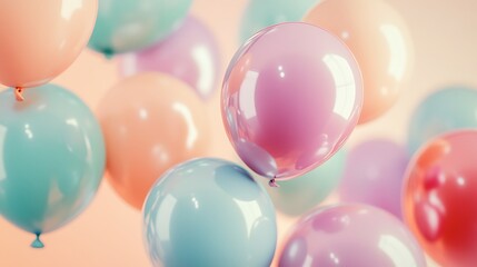Colorful shiny balloons floating over soft gradient backdrop with empty text area