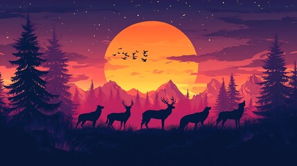 Fototapeta premium Silhouette of deer against a vibrant sunset in a forest setting.