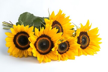 Sunflower bouquet on white backdrop, isolated, detailed and vibrant, high-resolution image.
