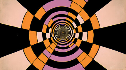 A vibrant, spiraling pattern of concentric circles in contrasting colors, creating a hypnotic effect.