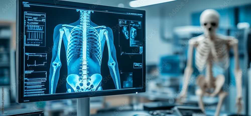Aufkleber medical imaging display showing skeletal structure in a laboratory setting.