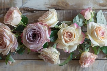Elegant arrangement of pale roses and lavender blooms on rustic wooden surface creating a serene floral display for home decor