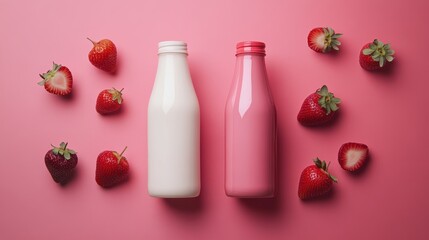 Strawberry Milk Bottles on Pink: Two milk bottles, one white and one pink, sit amidst fresh strawberries on a vibrant pink background. A visually appealing and refreshing image.