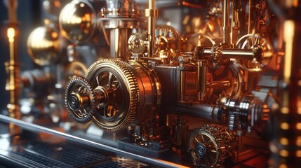 Fototapeta premium Close-up of intricate gold steampunk machinery with gears and pipes.