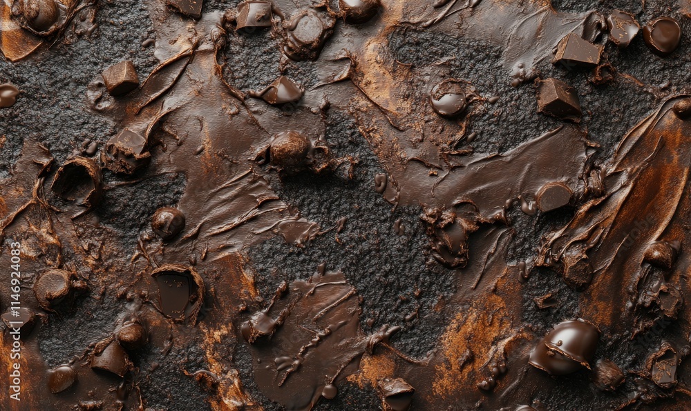 Aufkleber dense layers of chocolate textures in abstract forms, with cocoa accents and scattered chocolate chi