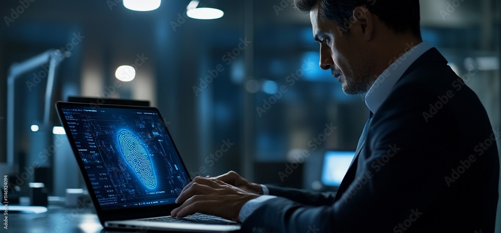 Poster man in a suit working on a laptop with a digital interface at night.