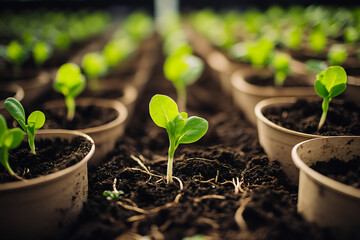 Rows of young plants in small pots, neatly arranged in a greenhouse