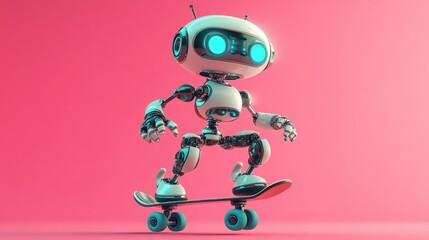 Obraz premium A 3D cartoon character of a futuristic robot riding a skateboard with dynamic posture.