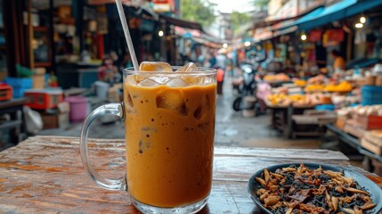 Iced Thai coffee in bustling street market scene with fresh produce stalls, vibrant colors, exotic spices, immersive Asian culture, and local street vendors