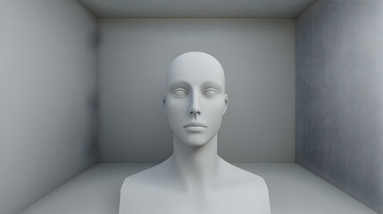 A minimalist 3D mannequin head in a simple, empty room with neutral colors.