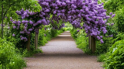 Purple lilacs on a springtime garden path, close-up shot, Minimalist style