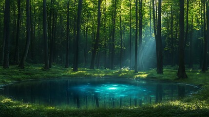 Obraz premium A Serene Forest Clearing with a Glowing Portal at Its Center, Surrounded by Lush Greenery and Ethereal Light, Creating a Mystical and Dreamlike Atmosphere in a Tranquil Woodland Setting
