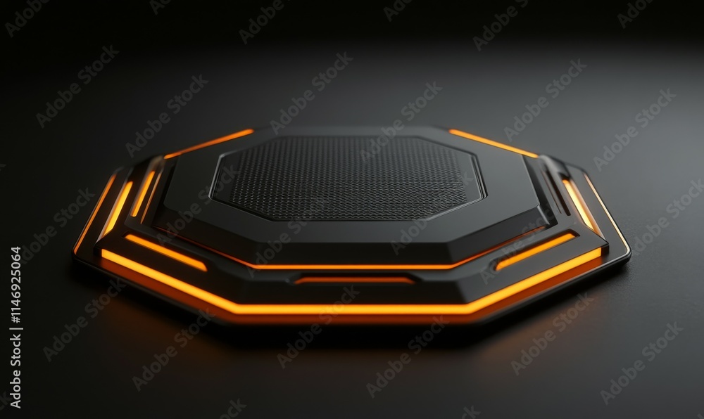 Poster minimalist tech background with raised hexagon and orange illuminated trim. black surface with embos