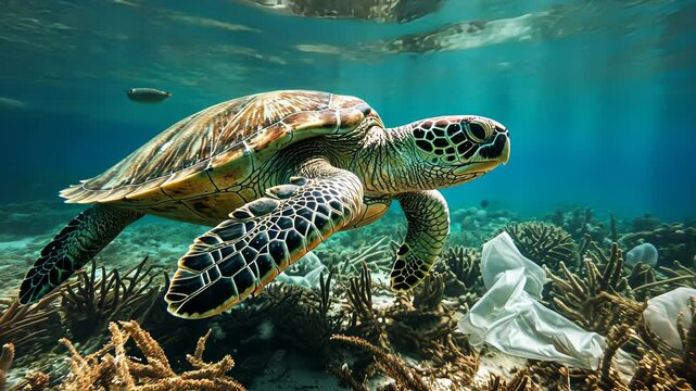 Sea turtle swims through coral reef while navigating ocean debris in waters filled with plastic trash