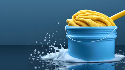 A blue bucket filled with soapy water and a yellow mop, splashing droplets.
