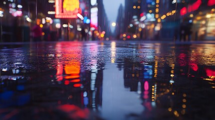 Obraz premium A vibrant city street at night, reflecting colorful lights.