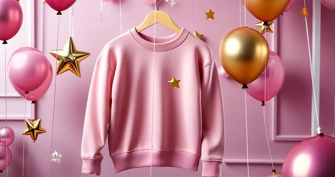 a blank Comfort pink sweatshirt hanging in a festive scene, with silver and gold star decorations and 'Happy New Year' balloons creating a celebratory atmosphere.