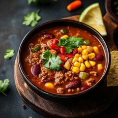 Chili con carne soup on a dark background. Mexican food. Healthy food concept. 