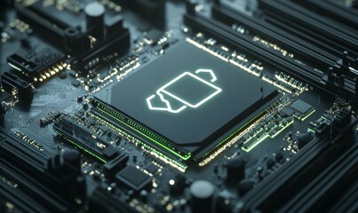 Fototapeta premium Environmental Energy Technology Concept with Eco battery symbol on a Microchip. White Neon Data flows from the CPU across a Futuristic Motherboard. Seamless Loop.