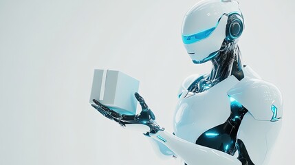 A white and blue futuristic robot holding a box package.