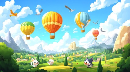 Naklejka premium Colorful hot air balloons flying over a lush green landscape.