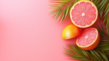 Three grapefruits and palm leaves on a pink background
