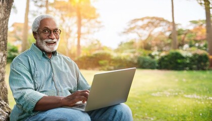 Fototapeta premium Generated image black elderly man working on laptop outdoors in garden. Smiling african american senior male