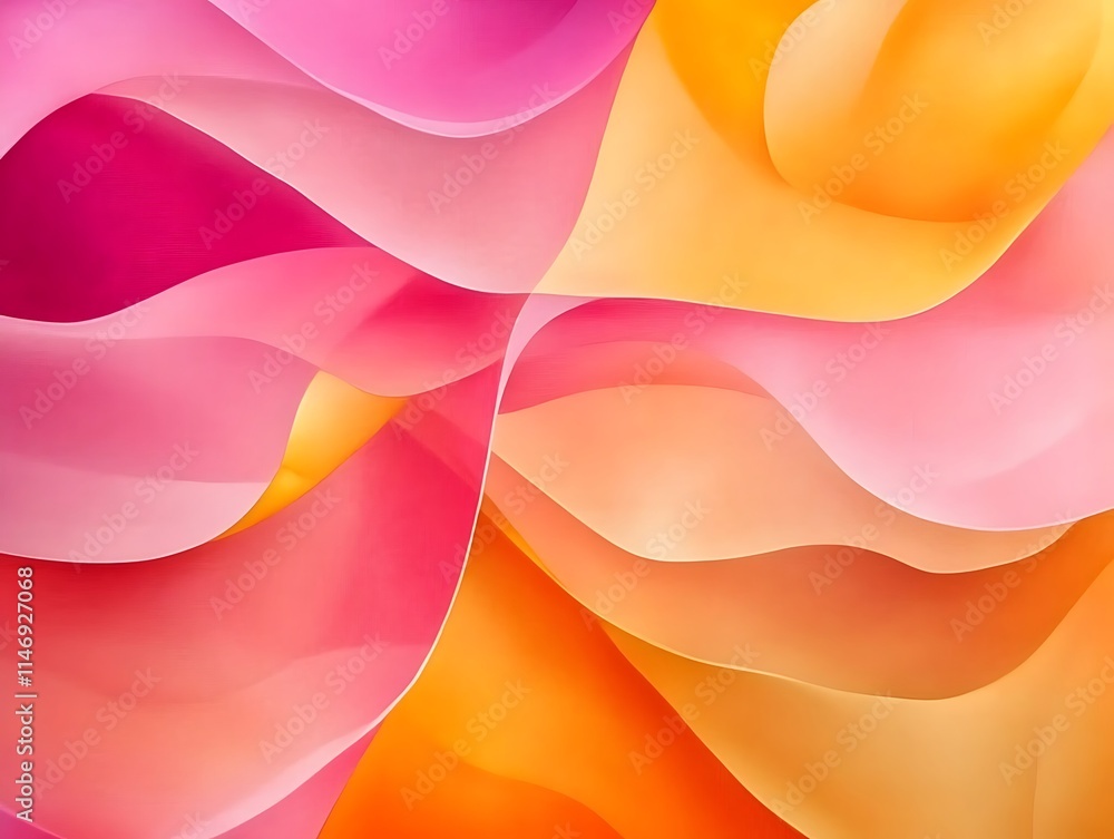 Poster smooth, undulating shapes in vibrant pink, orange, and yellow create a dynamic and visually appealin