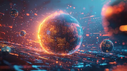 Conceptual Digital Representation of a Planet Surrounded by Light and Energy in a Futuristic Landscape