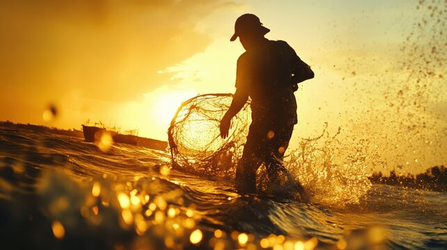 Fisherman Silhouette at Golden Hour: A solitary fisherman stands against the backdrop of a breathtaking sunset, casting his net into the shimmering waters.